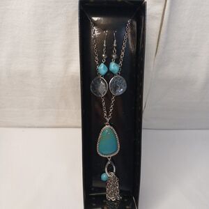 Southwestern Long 22" Faux Turquoise Statement Necklace & Earrings Set Boxed New